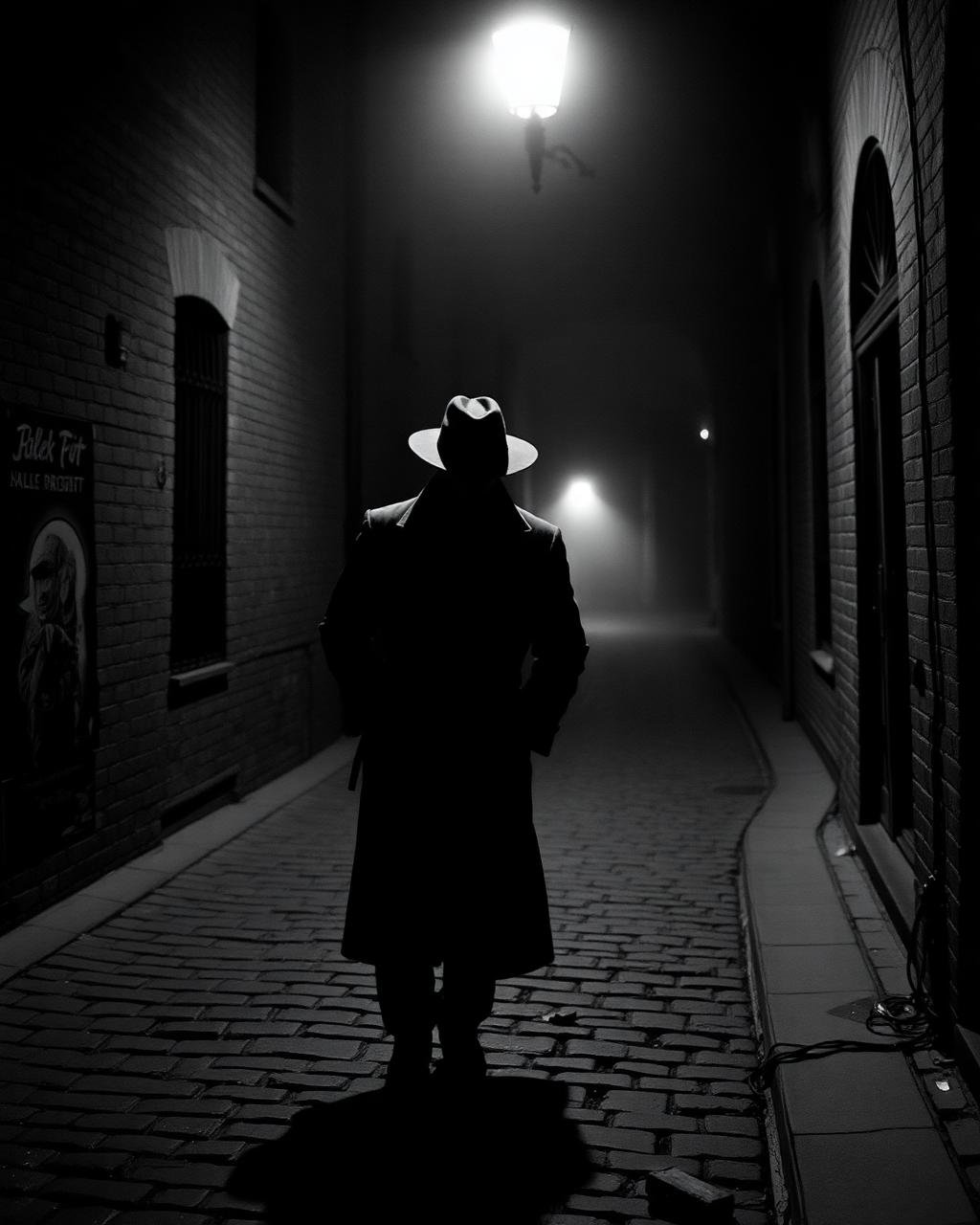 Private investigator walking through a narrow city alley
