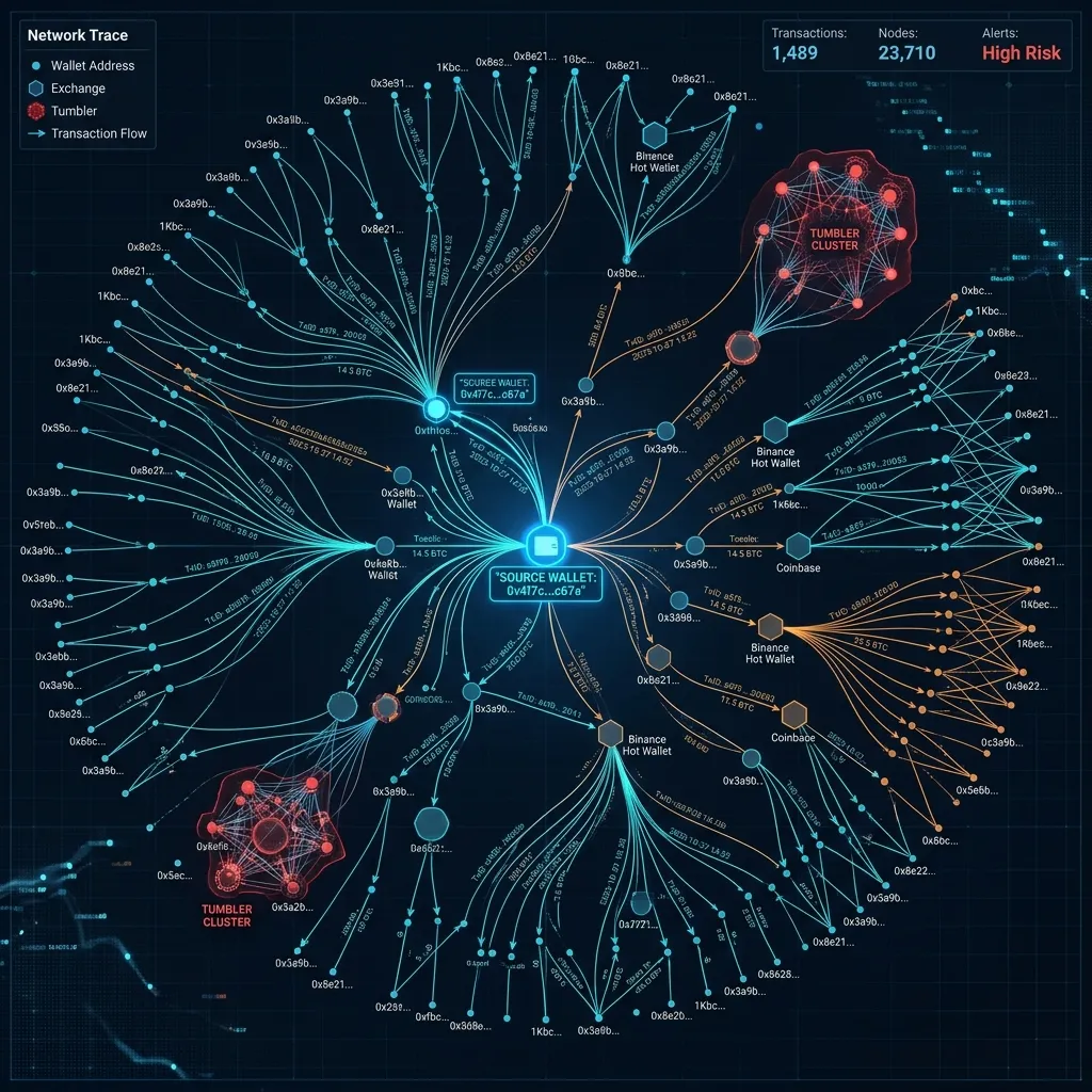 A forensic visualization tracing a crypto wallet to a discreet encounters service.