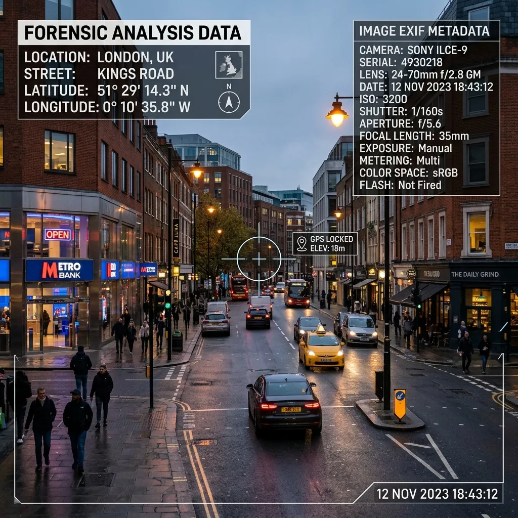 A restaurant photo with a forensic metadata overlay showing GPS and timestamps.